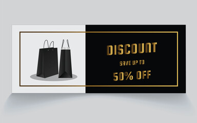 Luxurious 50% OFF discount banner vector featuring gold text and black shopping bags. Perfect for premium e-commerce, luxury retail promotions, online marketing campaigns, and sophisticated web 
