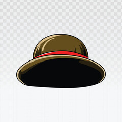 Cartoon vector of a dark round sun hat or fedora with a red ribbon band. Ideal for travel, summer fashion, leisure graphics, vacation designs, and stylish gentleman’s accessory illustrations.