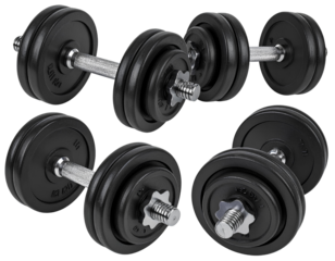Collection set of black fitness sports training workout dumbbells weights, many view