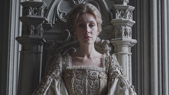 Reine qui pleure assise sur un tr&ocirc;ne de pierre dans un ch&acirc;teau gothique
