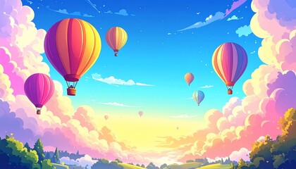 Fototapeta premium Vibrant hot air balloons drift over a serene, colorful landscape at sunrise/sunset, surrounded by fluffy, pink clouds