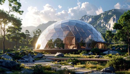 A modern geodesic dome home nestled amid lush green surroundings, capturing the serenity of nature with sunlight cascading