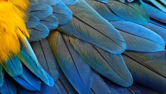 close up of beautiful bird feathers of blue and yellow macaw exotic natural textured background in different blue colors and yellow lagoa das araras mato grosso brazil
