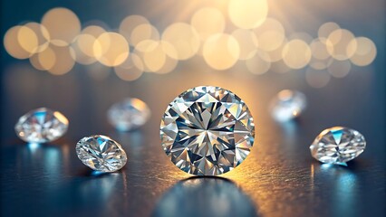 Fototapeta premium Shiny diamonds sparkling on reflective surface under golden light 