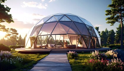 Obraz premium A modern, glass-domed structure in a sunlit, verdant landscape, featuring an interior visible through the transparent walls. A pathway leads to the entrance