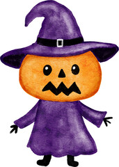 Hand drawn watercolor illustration of jack o lantern pumpkin in witch hat and robe. Purple witchcraft symbol, Halloween horror spooky creepy character, scary october decoration, gothic decoration