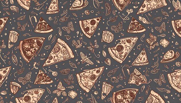 Seamless pattern of delicious pizza slices with toppings on a dark background. - Powered by Adobe