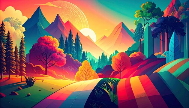 Vibrant, stylized landscape featuring colorful mountains, diverse trees, a radiant sun, and rainbow-hued fields