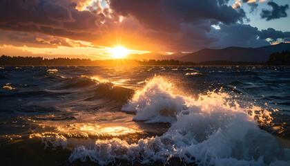 Golden Sunset Waves Crashing on Shoreline with Cityscape Silhouette and Cloudy Sky