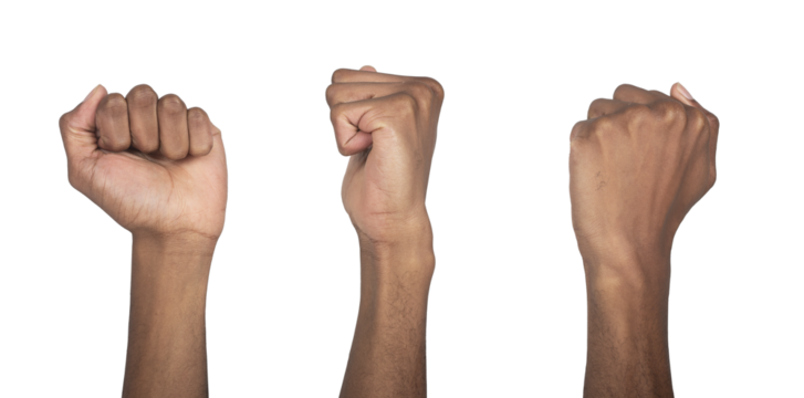 African fist clenched and raised up in strong gesture, symbol of power, protest, and strength, human - Powered by Adobe