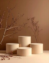 Minimalist display podiums with dried branches and earthy tones for product showcase.