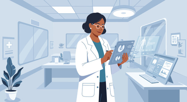 Female doctor analyzes medical data on a tablet in a modern, clean office, concept for telemedicine solutions, healthcare technology integration and pharmaceutical research