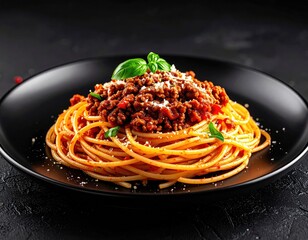 Delicious Spaghetti Bolognese served on a black plate with fresh basil garnish.