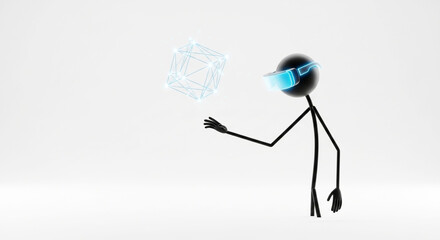 3D stick figure in VR glasses interacting with glowing polygonal object, virtual reality and future technology concept