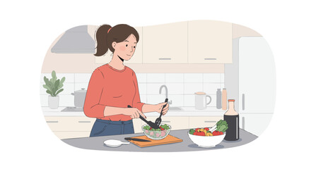 Woman mixing a fresh salad in a modern kitchen with culinary tools, concept for healthy eating habit, food preparation and cooking lifestyle