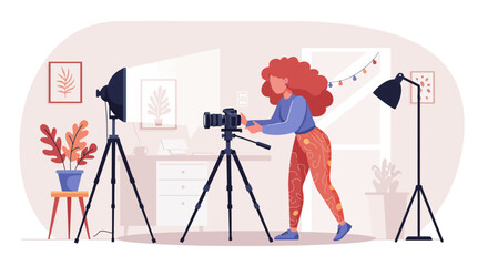 Woman setting up camera on tripod with lighting equipment in studio setup. Concept for photography classes, professional filmmaking and creative content creation