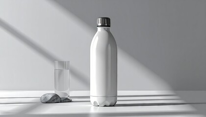 Minimalist white reusable water bottle with dramatic light and shadow.