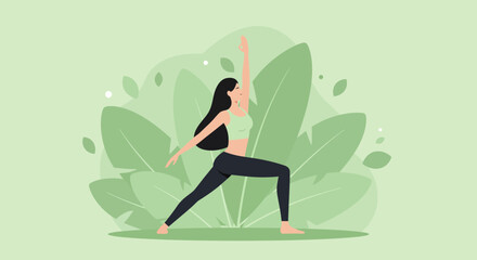 Woman performing warrior one pose with stylized foliage background in green tones, concept for wellness infographic, health and fitness mobile app and yoga class promotion