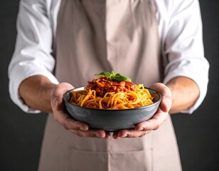 Chef presenting a delicious bowl of spaghetti bolognese with fresh basil garnish.