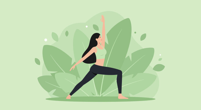Woman performing warrior one pose with stylized foliage background in green tones, concept for wellness infographic, health and fitness mobile app and yoga class promotion