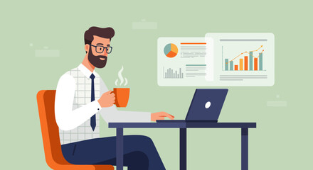 Illustration of a man working on laptop with graphs on the background and holding a coffee mug, concept for online meeting, business presentation and data analysis