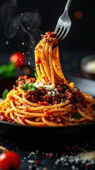 Delicious Spaghetti Bolognese Twirled on Fork with Steam and Parmesan Cheese.