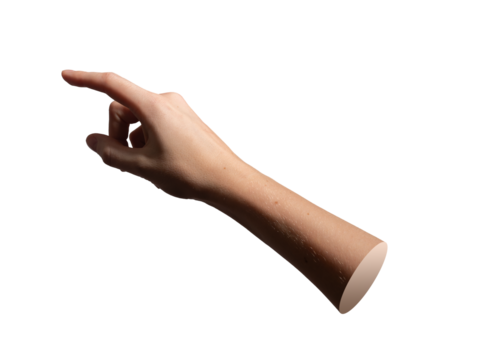 Finger pointing forward in touch gesture, index extended to press invisible button, concept of