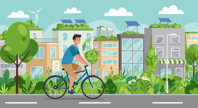 A man rides a bicycle on a street lined with green buildings featuring solar panels and windmills, concept for urban sustainability, eco-friendly initiatives and renewable energy promotion