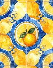 Watercolor Mediterranean Tile Pattern with Oranges and Blue Decorative Elements.