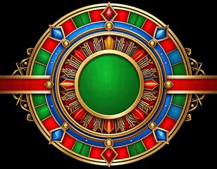 Ornate Circular Emblem with Gemstone Accents and Green Center.