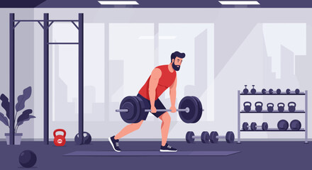 Illustration of bearded man lifting barbell in gym with rack of weights, concept for fitness motivation, strength training and weightlifting program