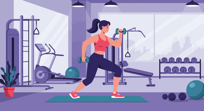 Woman doing lunges with dumbbells in a gym setting with fitness equipment visible, concept for personal training promotion, gym membership ads and strength building program illustration