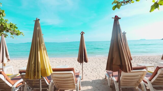Empty beach chair on white sand beach windy sunset sky summer vacation background