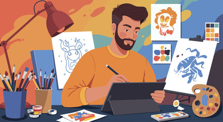 Bearded man drawing digital illustrations on tablet with artistic tools and paintings in a colorful studio, concept for creative process, design agency branding and portfolio showcase