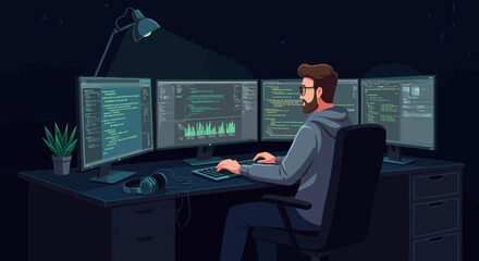 Cartoon programmer working late at night with multiple monitors displaying code, concept for software development, data analysis and technical expertise