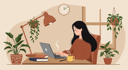 Illustration of a woman typing on a laptop at a desk with plants and a lamp in a cozy room, concept for remote work presentation, blog illustration and online learning background