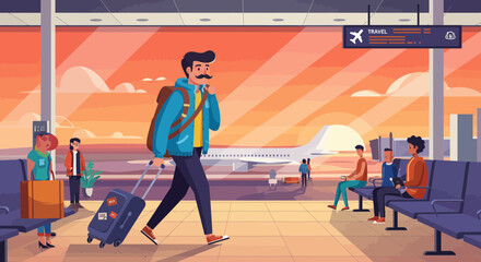 Illustration of a man with backpack and suitcase walking in airport terminal at sunset time. Concept for travel advertising, vacation promotion and international business journey