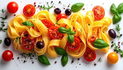 Delicious Tagliatelle Pasta Dish with Fresh Cherry Tomatoes Olives and Basil.
