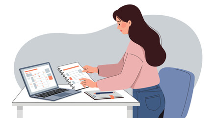 Woman reviewing data on laptop and in notebook at desk, concept for project planning, task management and remote work collaboration