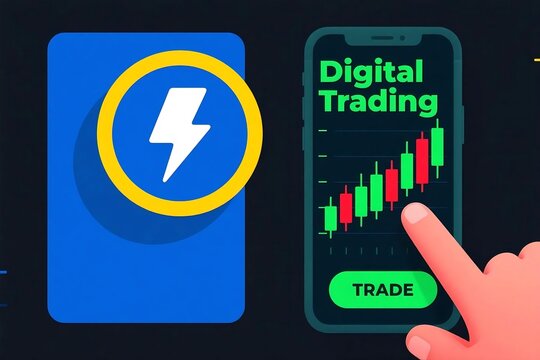Hand interacts with a digital trading app on a smartphone, showcasing stock market trends and investment opportunities in a modern, technological setting.