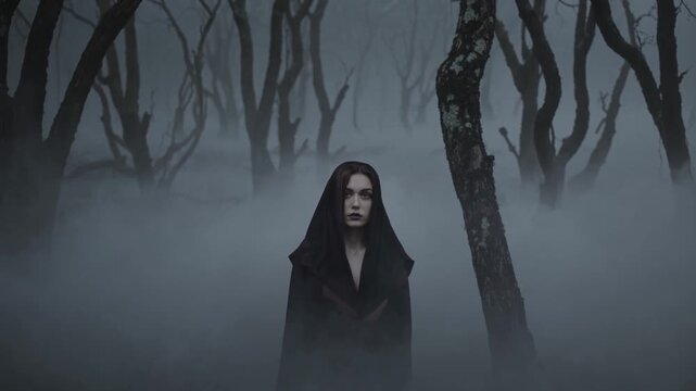 Femme v&ecirc;tue de noir dans une for&ecirc;t embrum&eacute;e