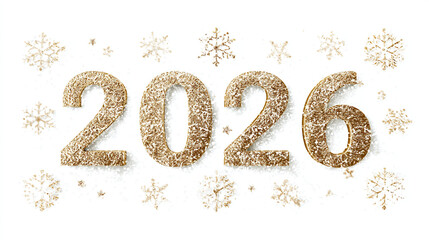 Glittering gold year two thousand twenty six with white snowflakes around it
