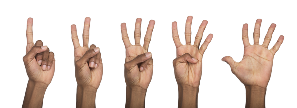Hand counting numbers with fingers raised upward, showing one to five in sequential gesture for