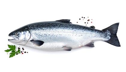 Obraz premium A glistening silver and grey salmon laying against a white background, garnished with parsley and pepper