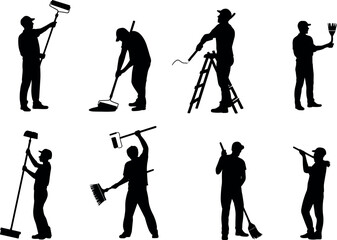 silhouette, worker, painter, builder, handyman, labor, construction, cleaning, sweeping, maintenance, man, people, job, service, tools, construction worker, 