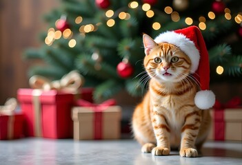 Orange cat with Santa hat with Christmas tree and gift boxes on background.