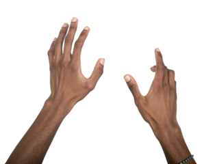 Hand hold gesture with both arms outstretched, fingers grasping invisible object in virtual