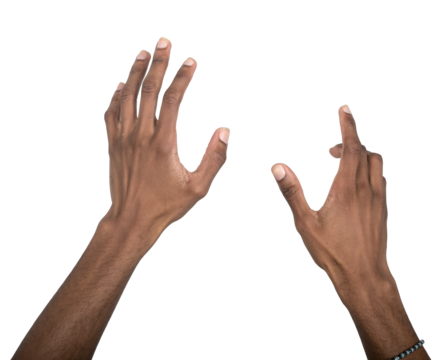 Hand hold gesture with both arms outstretched, fingers grasping invisible object in virtual