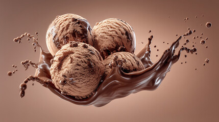Four chocolate ice cream scoops with chocolate splash on brown background