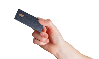 Hand holding blue bank card with chip, concept of modern finance, secure payment, and electronic